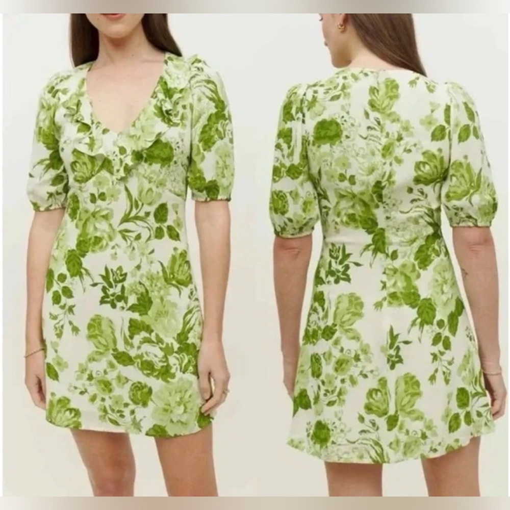NWOT Reformation Simon Mini Dress in green floral Rialto print size 0